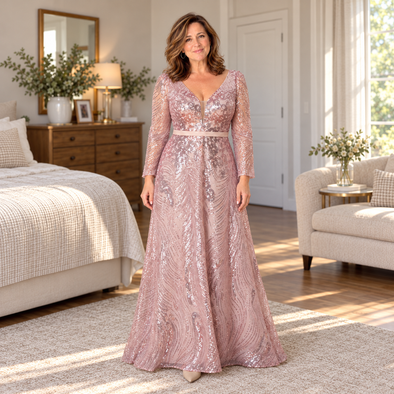 Renata | Vestido largo rosa de lentejuelas con escote en V