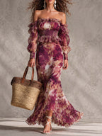 Rosine | Vestido Maxi Hombros Descubiertos Rosa Antiguo, Motivo Floral