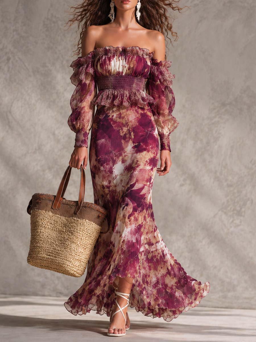 Rosine | Vestido Maxi Hombros Descubiertos Rosa Antiguo, Motivo Floral
