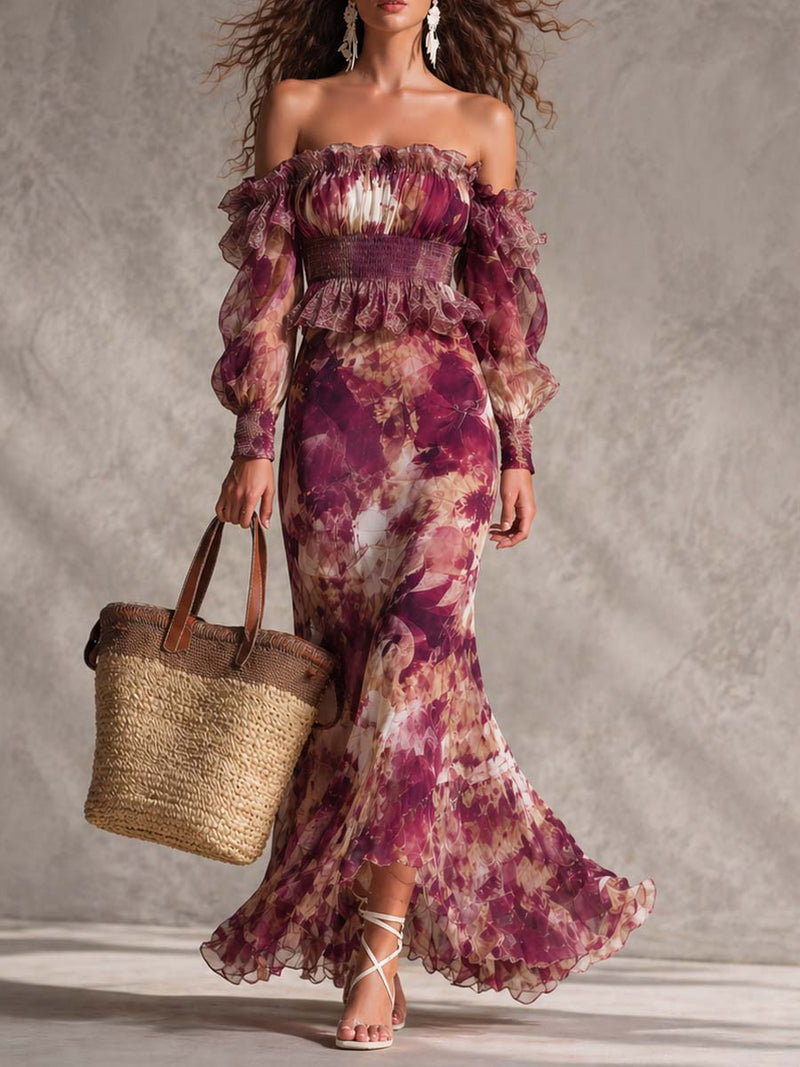 Rosine | Vestido Maxi Hombros Descubiertos Rosa Antiguo, Motivo Floral