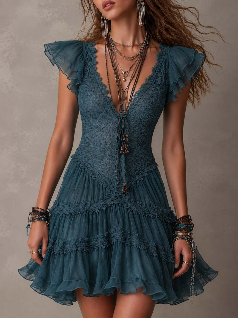 Azurine | Mini Vestido de Volantes en Encaje Azul Retro y Gasa