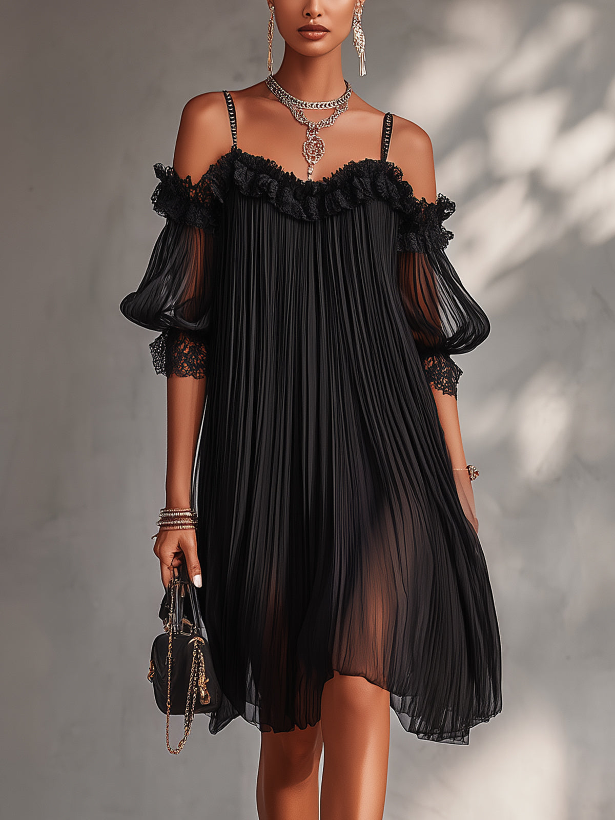 Léonie | Mini Vestido Negro, Hombros Descubiertos, Borde de Encaje