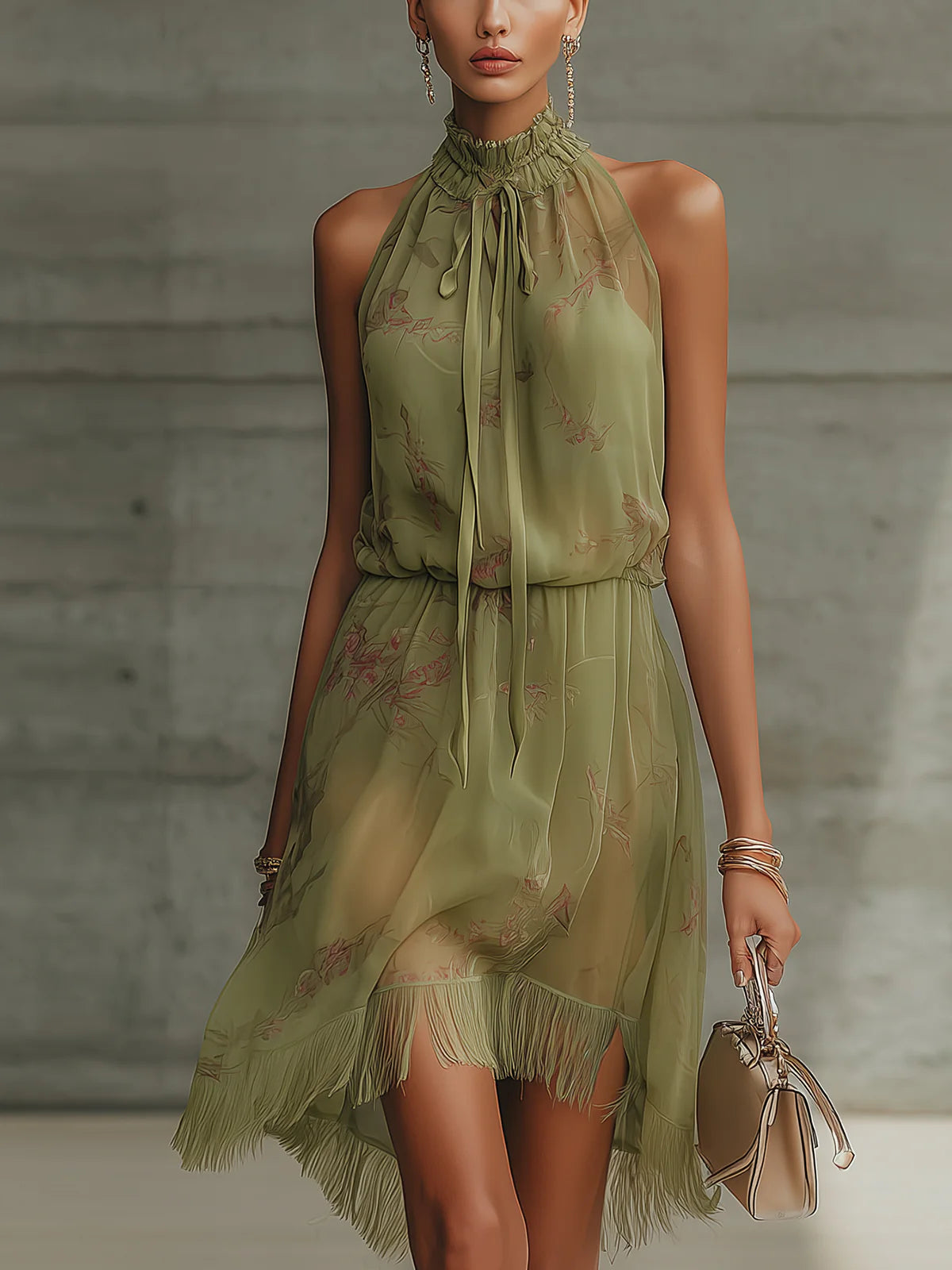 Sylvie | Minivestido en gasa floral verde, cintura alta