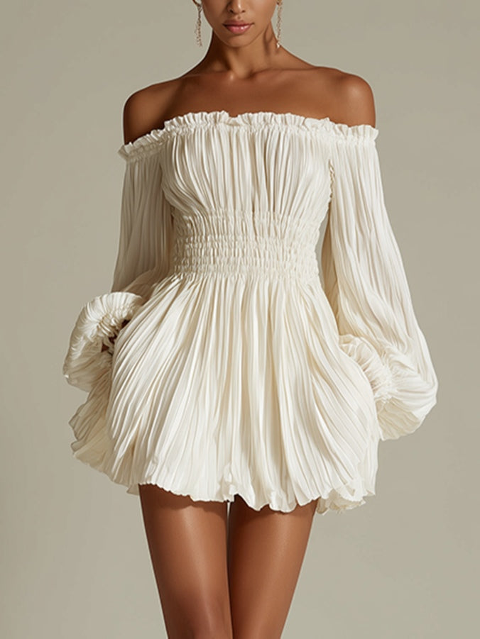 Candid | Minivestido blanco con hombros descubiertos y cintura fruncida