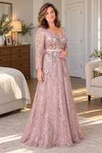Renata | Vestido largo rosa de lentejuelas con escote en V