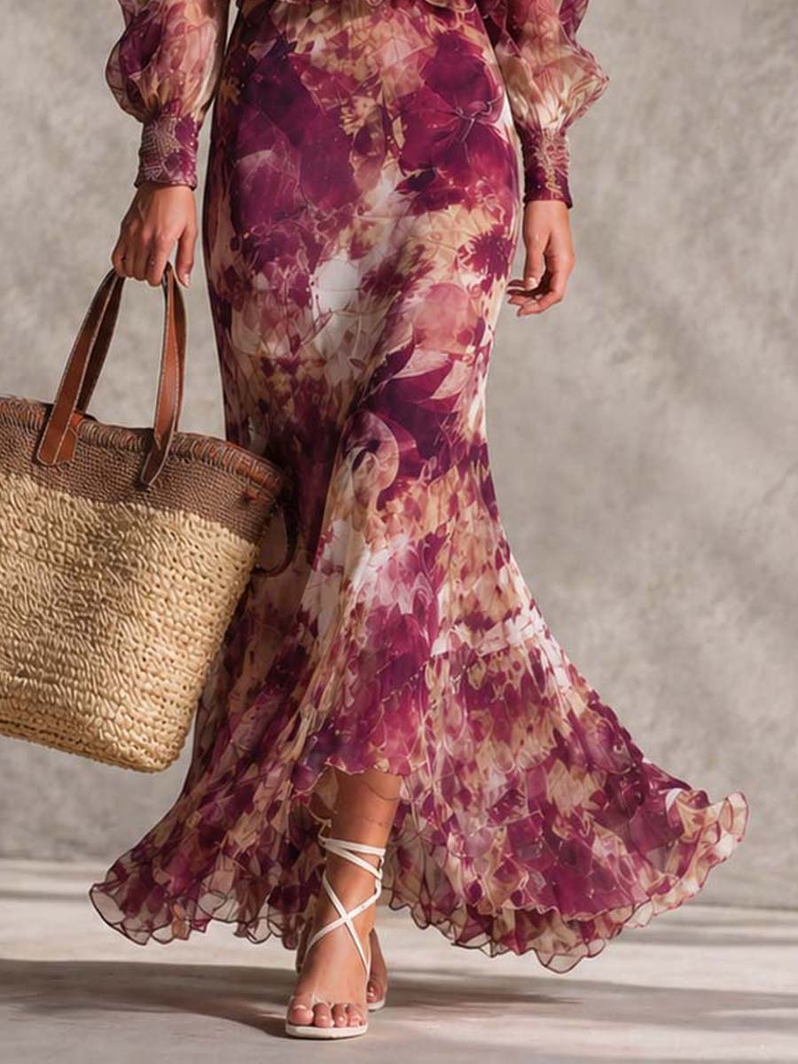 Rosine | Vestido Maxi Hombros Descubiertos Rosa Antiguo, Motivo Floral