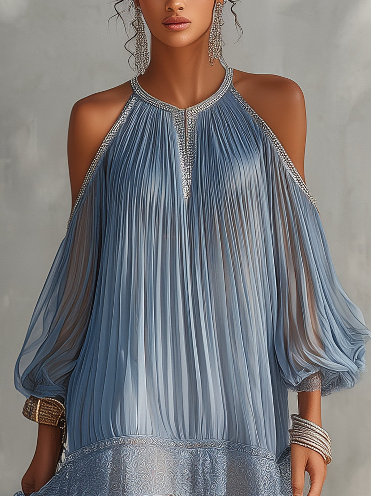 Bleuette | Mini Vestido Fruncido Azul, Hombros Descubiertos, Bajo de Encaje