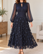 Aurelia | Vestido midi de tul floral azul marino