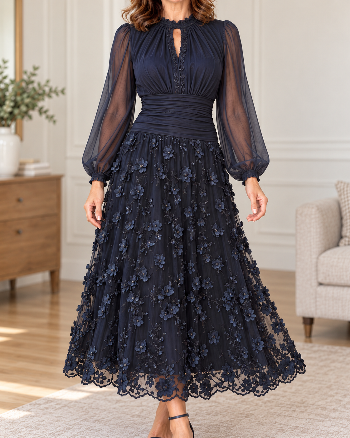 Aurelia | Vestido midi de tul floral azul marino