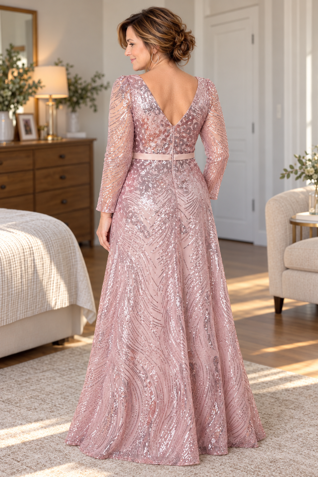 Renata | Vestido largo rosa de lentejuelas con escote en V