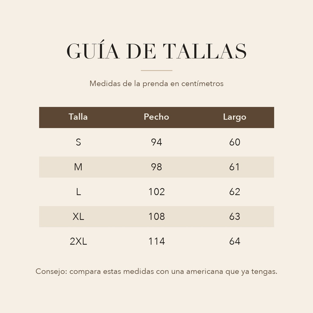 Guía de tallas de la americana Claudia en centímetros, de S a 2XL