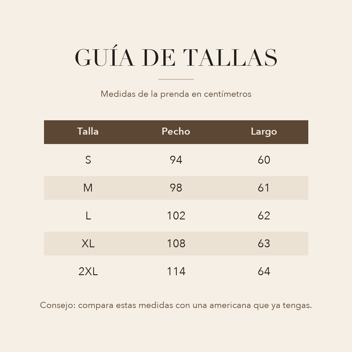 Guía de tallas de la americana Claudia en centímetros, de S a 2XL