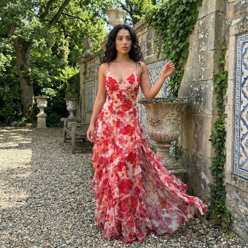 Cyranne - Vestido maxi con estampado floral y volantes