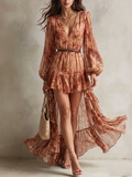 Clémence | Mini Vestido de Manga Larga, Cuello en V, Estampado Floral Terracota