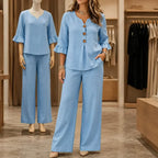 Louna | Conjunto Efecto Lino con Mangas de Volante y Pantalones Anchos