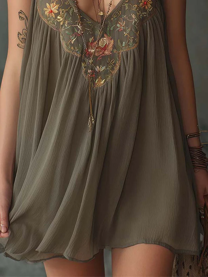 Colette | Mini Vestido Largo Gris, Estampado Floral