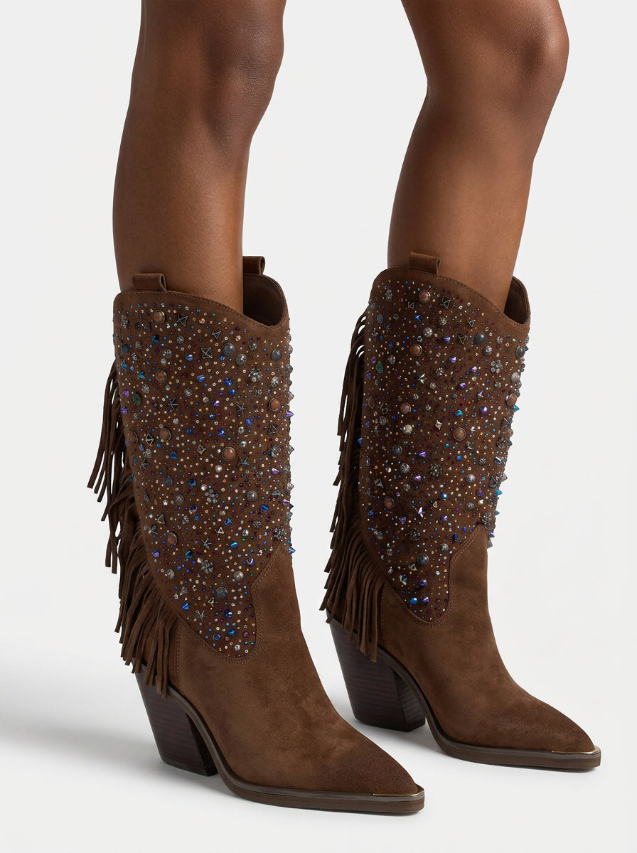 BOTA COWBOY DE ANTE CON PEDRERÍA Y FLECOS