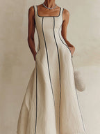 Camille | Vestido Maxi Línea A a Rayas de Lino, Ribete Negro