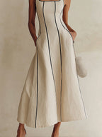 Camille | Vestido Maxi Línea A a Rayas de Lino, Ribete Negro