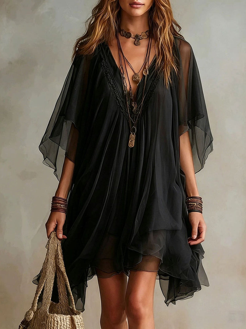 Émeraude | Mini Vestido Fluido Superpuesto, Cuello en V Verde