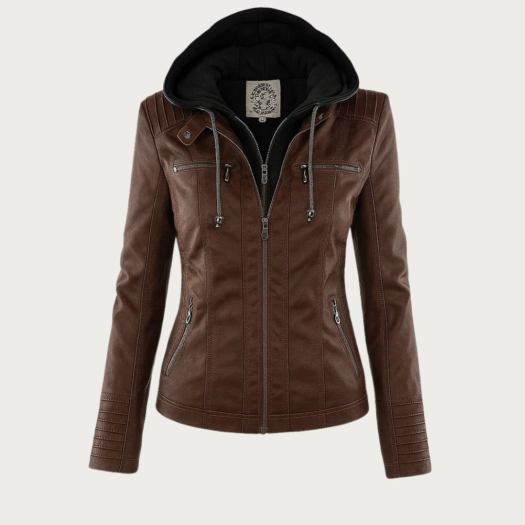Chaqueta Flavia de efecto piel con capucha en marrón oscuro