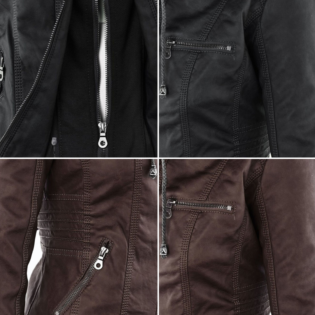 Detalles de la chaqueta Flavia en negro y marrón oscuro