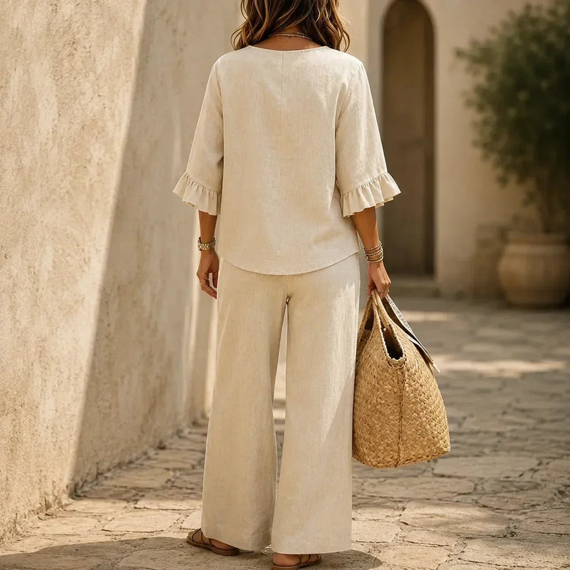 Louna | Conjunto Efecto Lino con Mangas de Volante y Pantalones Anchos