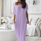 Vestido Altea lila de corte maxi fluido con hombro asimétrico