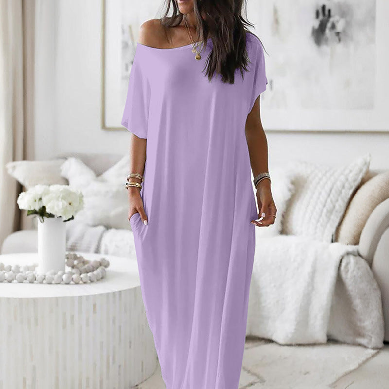 Vestido Altea lila de corte maxi fluido con hombro asimétrico
