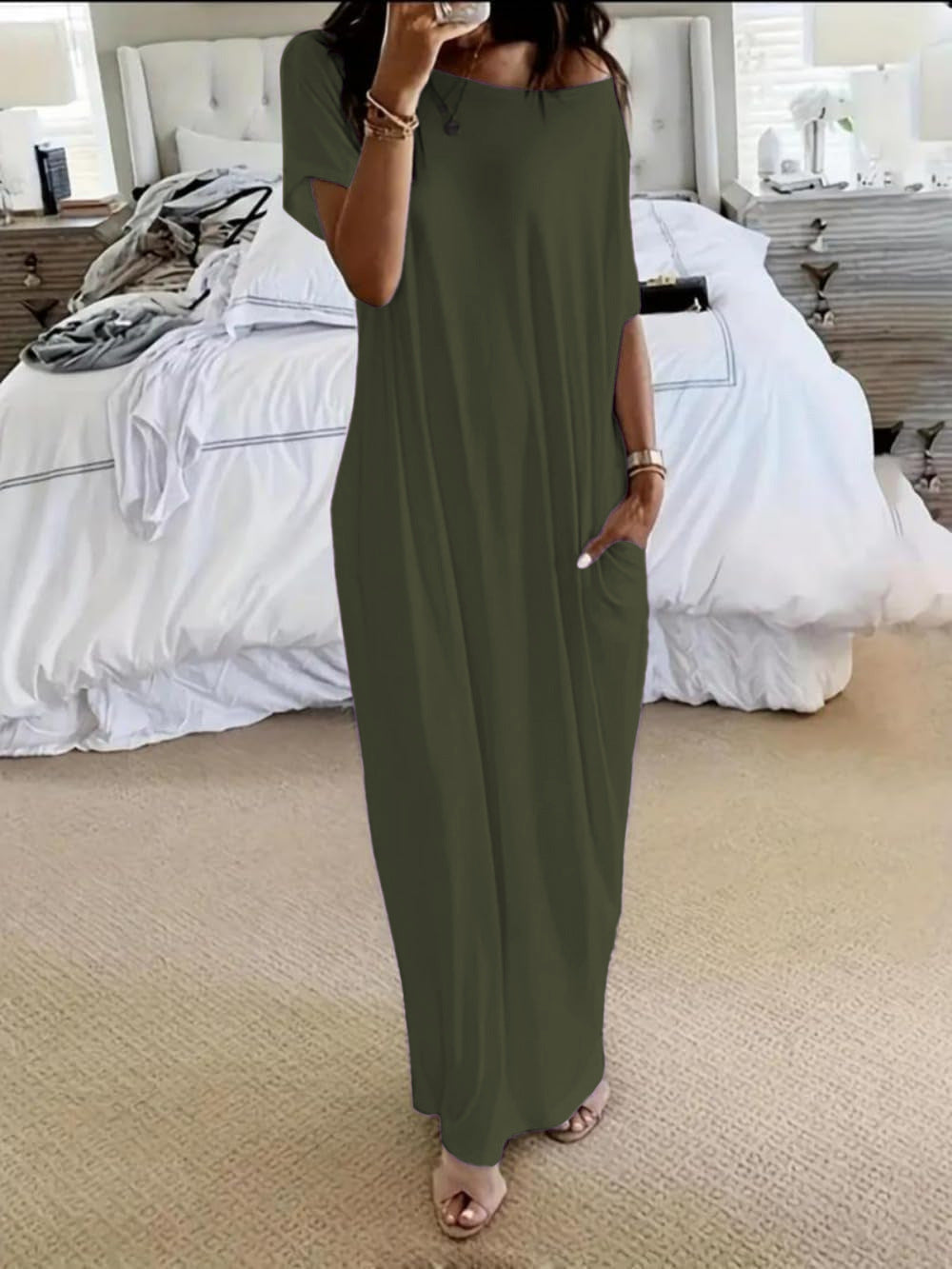 Vestido Altea verde militar de corte maxi fluido