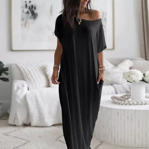 Vestido Altea negro de corte maxi fluido con hombro asimétrico
