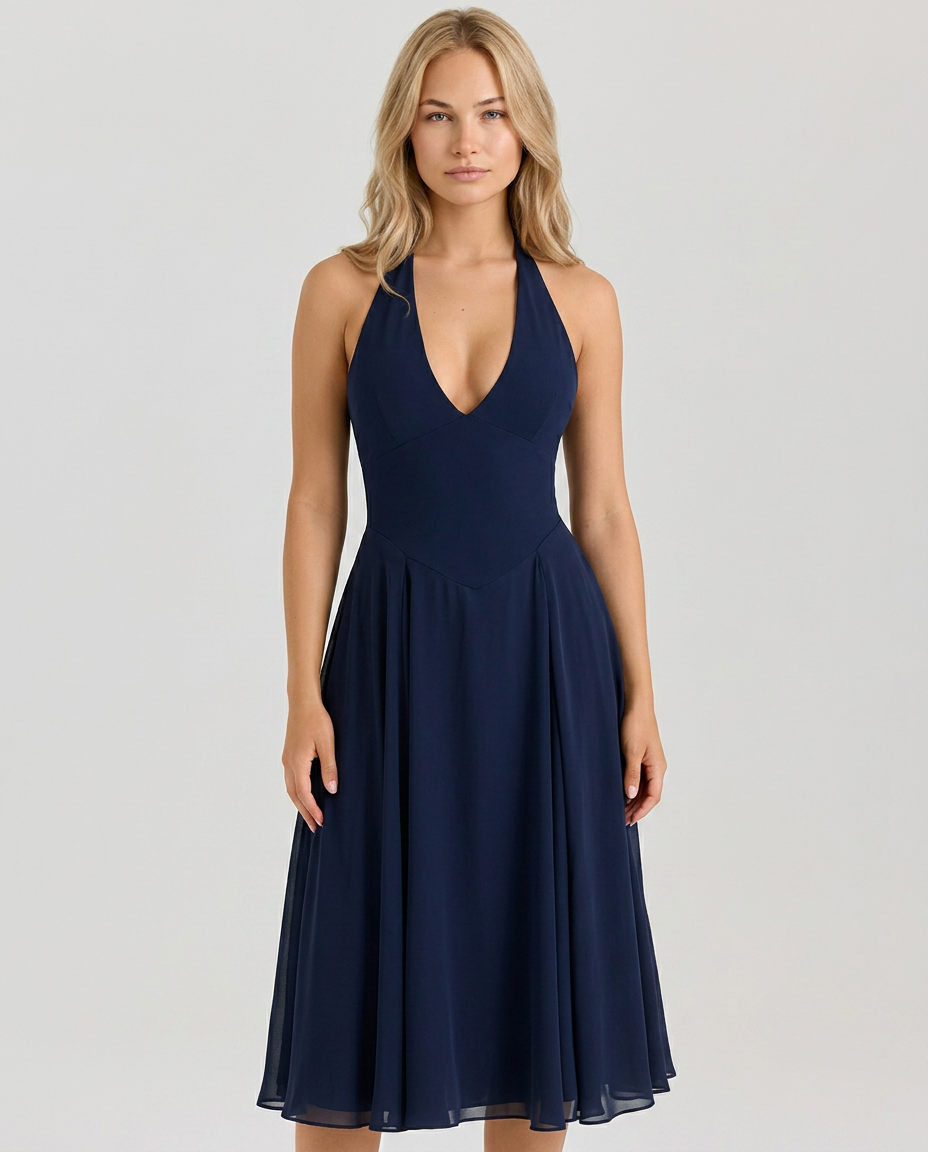 Glenda • Midi Halter con Falda Acampanada