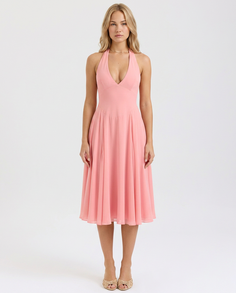 Glenda • Midi Halter con Falda Acampanada