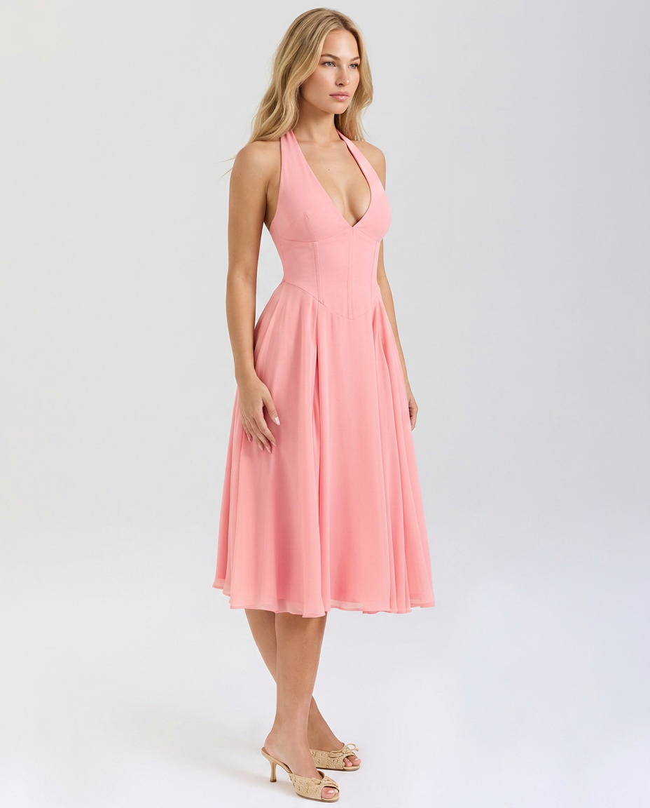 Glenda • Midi Halter con Falda Acampanada