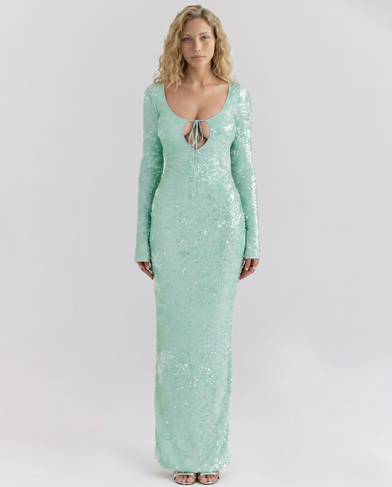 Tiff • Vestido Maxi con Acabado de Lentejuelas y Corte Frontal