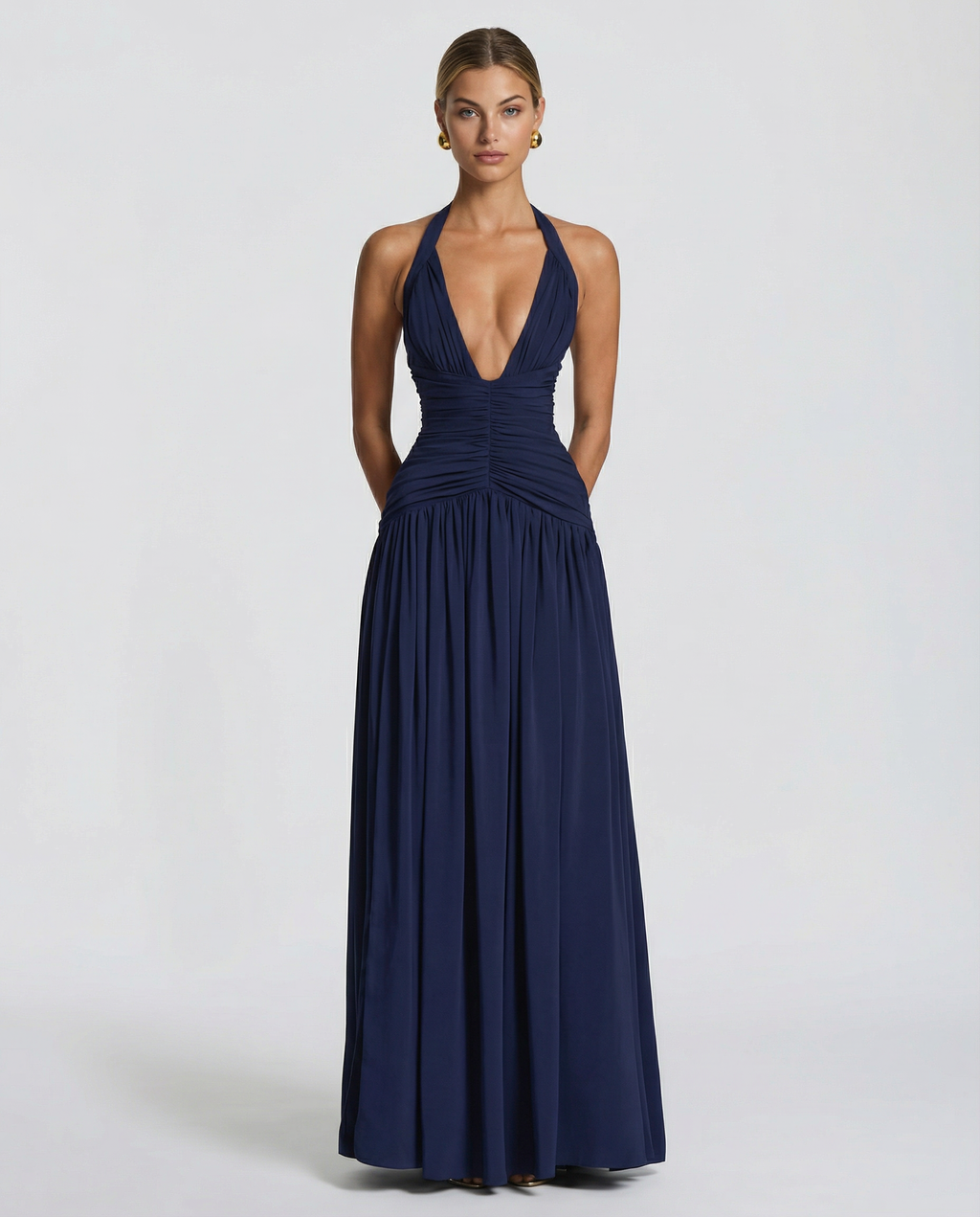 Margaret • Vestido Maxi con Cuello Halter y Corsé Fruncido