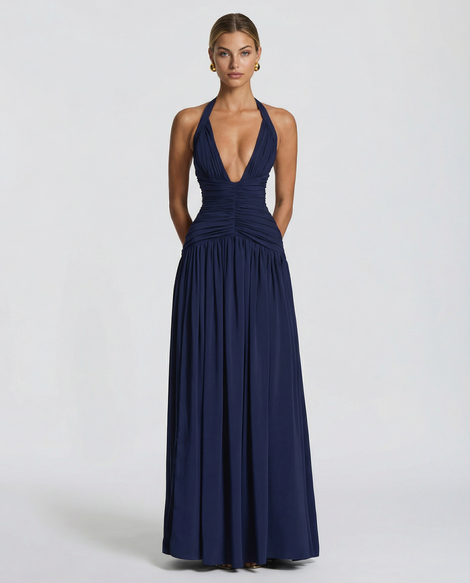 Margaret • Vestido Maxi con Cuello Halter y Corsé Fruncido