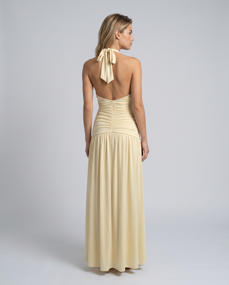Margaret • Vestido Maxi con Cuello Halter y Corsé Fruncido