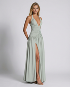 Margaret • Vestido Maxi con Cuello Halter y Corsé Fruncido