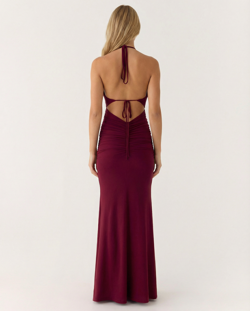 Lynette • Vestido Maxi con Cuello Halter y Cintura Fruncida