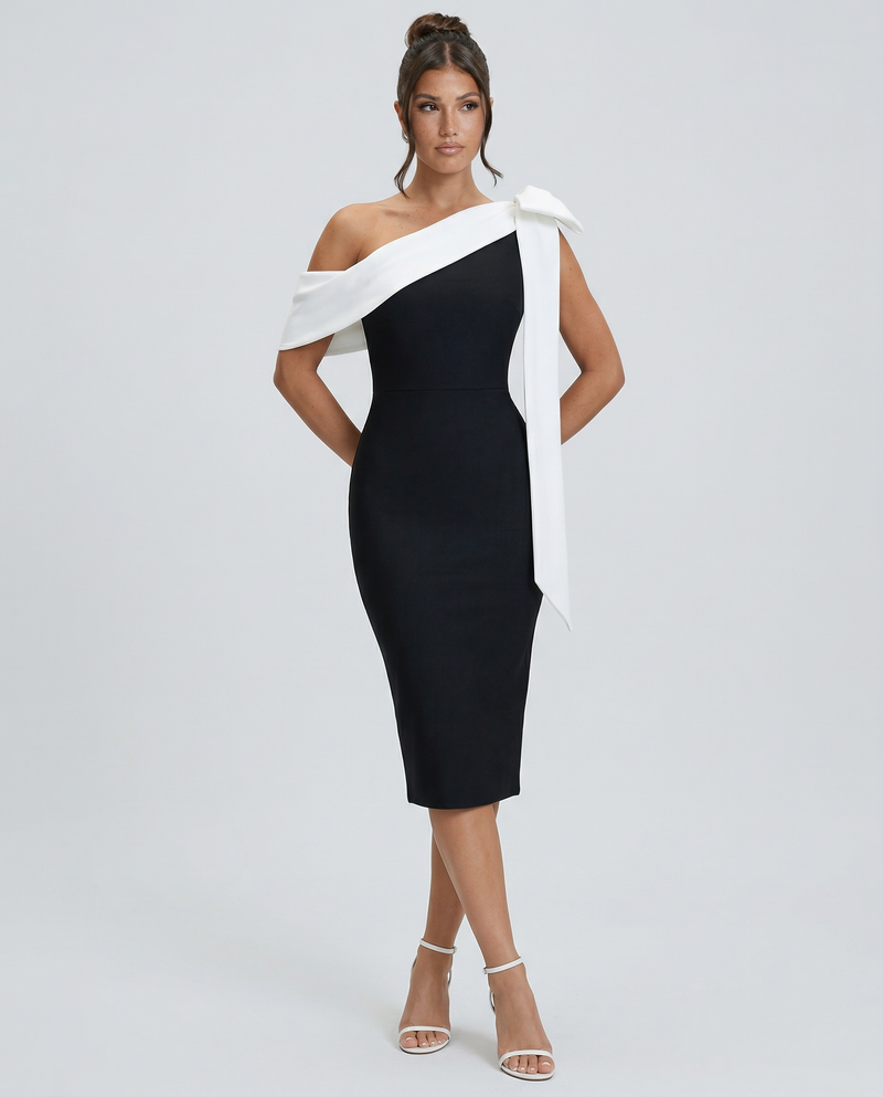 Elza • Midi Bandage de Un Hombro con Lazo