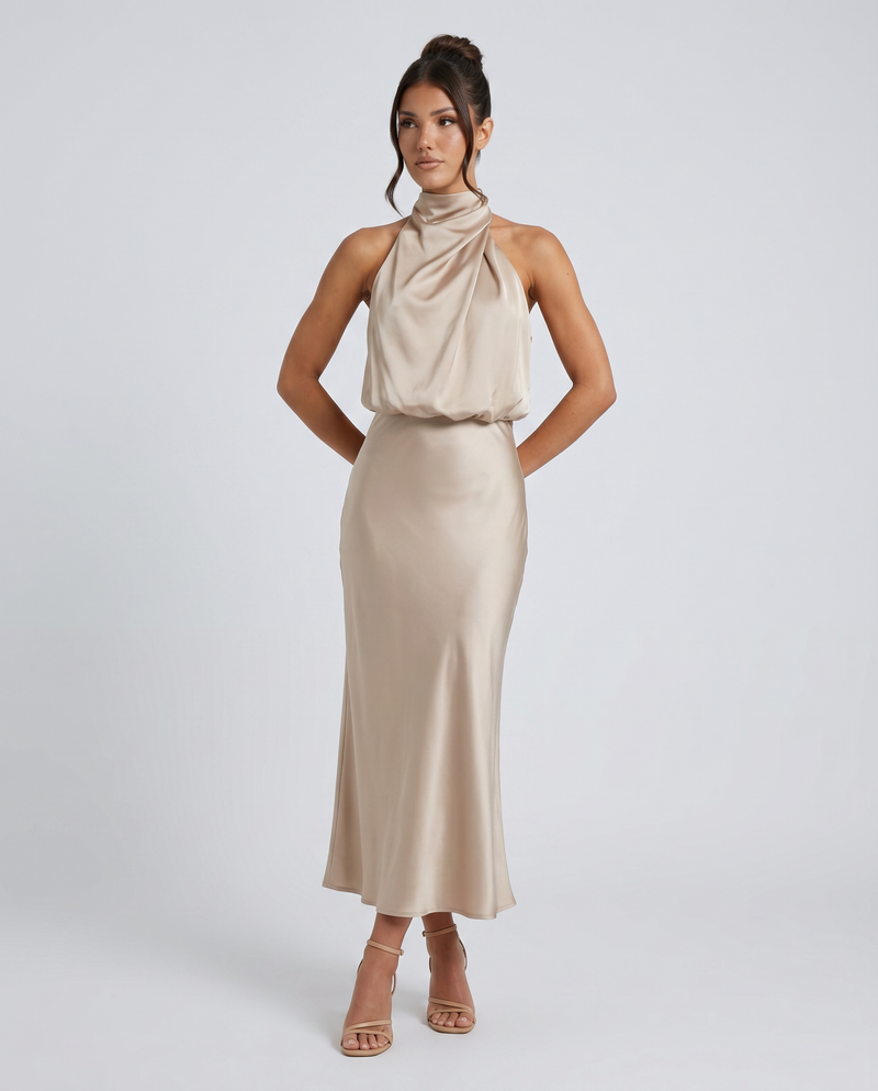 Francesca • Vestido Midi con Escote Halter Drapado