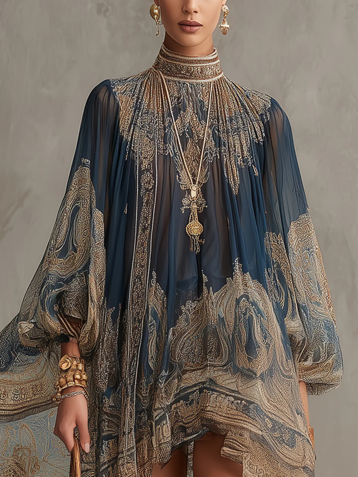 Bérénice | Mini Vestido Irregular Estampado Barroco Azul Marino, Cuello Alto