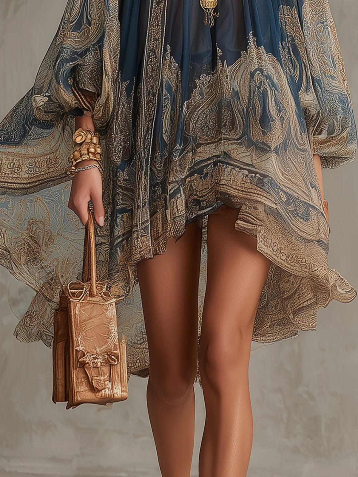 Bérénice | Mini Vestido Irregular Estampado Barroco Azul Marino, Cuello Alto