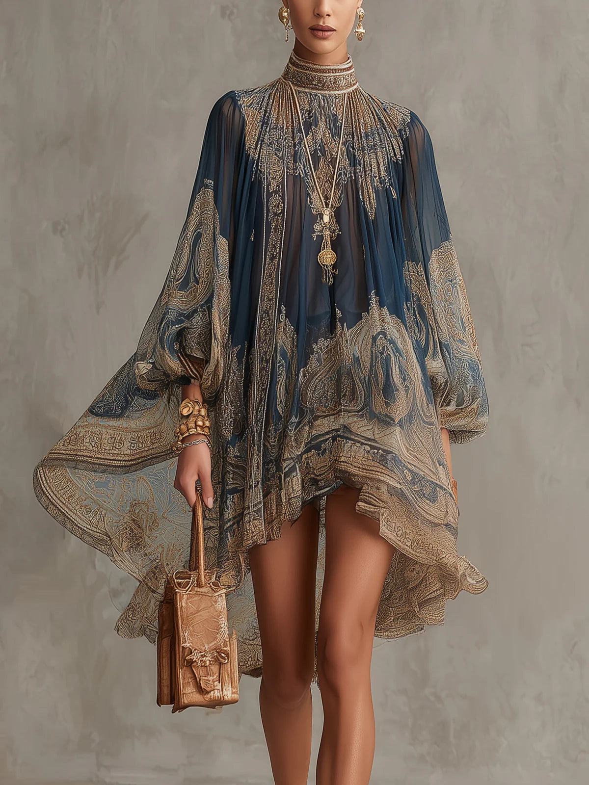Bérénice | Mini Vestido Irregular Estampado Barroco Azul Marino, Cuello Alto
