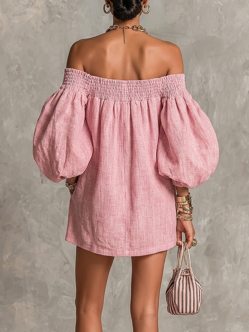 Rosabelle | Mini vestido trapecio suelto, mangas con linterna, hombros descubiertos en color rosa