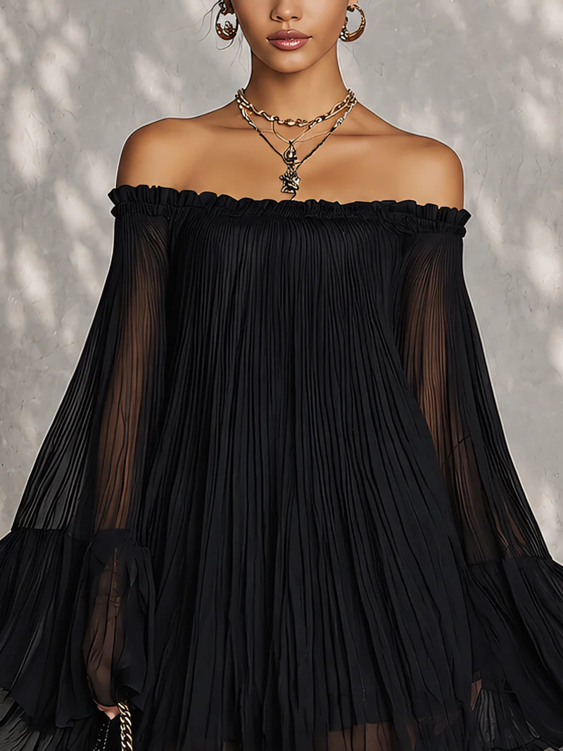 Zélie | Mini Vestido Negro, Mangas Campana y Volantes