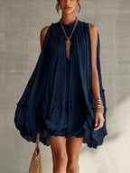 Océane | Mini Vestido de Volantes, Cuello Halter, Azul Marino