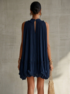 Océane | Mini Vestido de Volantes, Cuello Halter, Azul Marino