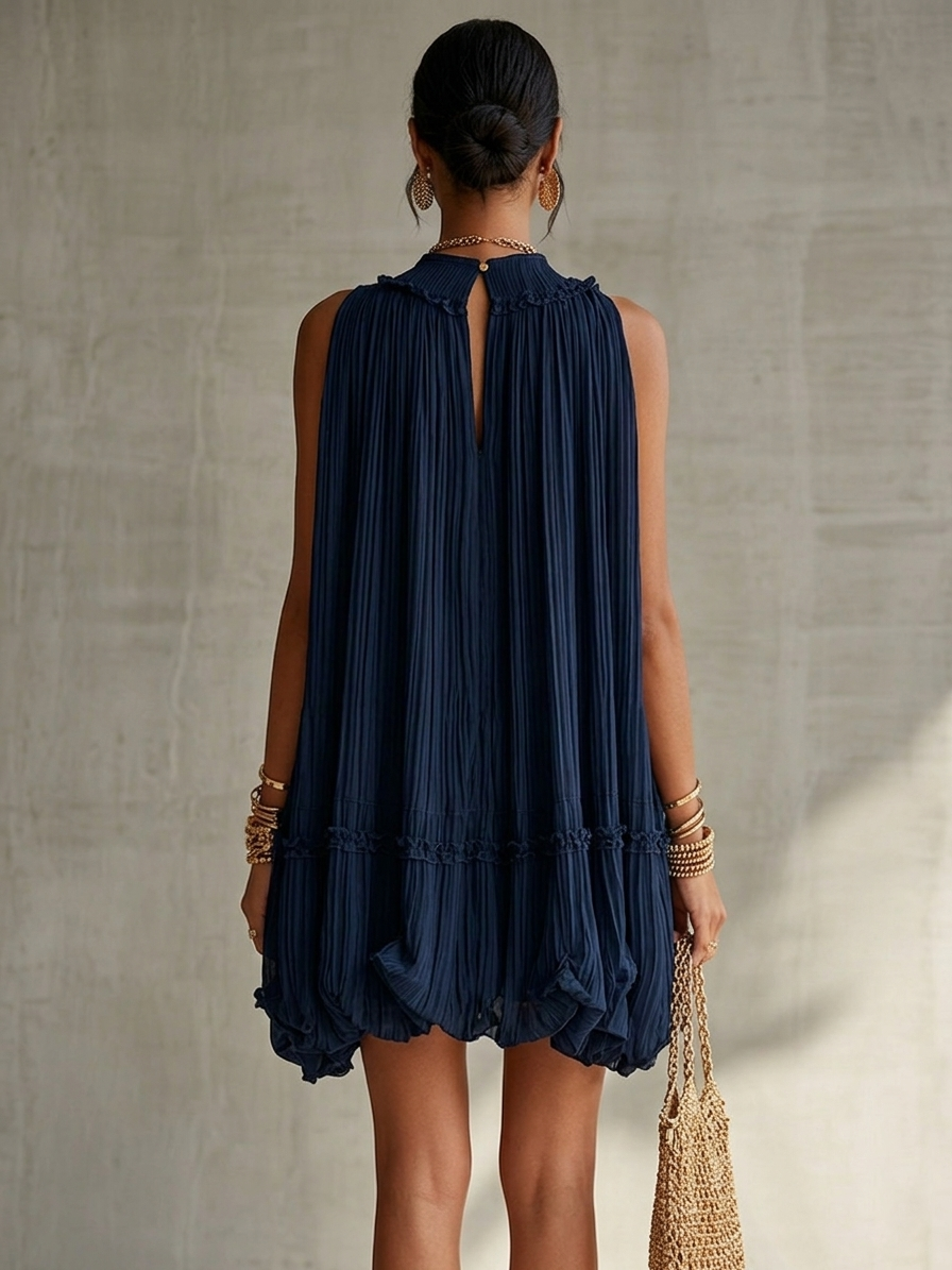 Océane | Mini Vestido de Volantes, Cuello Halter, Azul Marino